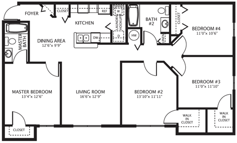 4 Bedroom Floor Plan at Grande Oaks Apartments in Tampa FL